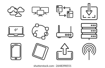This is a high-quality vector or image design related to 'Technology and network icon set with cloud server laptop router and data (2)'. Perfect for commercial and creative use.