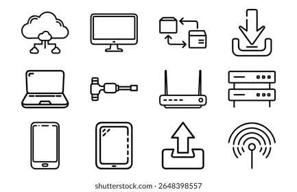 This is a high-quality vector or image design related to 'Technology and network icon set with cloud server laptop router and data (20)'. Perfect for commercial and creative use.