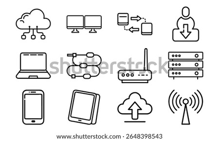 This is a high-quality vector or image design related to 'Technology and network icon set with cloud server laptop router and data (18)'. Perfect for commercial and creative use.