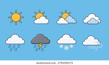 This high-quality vector set features eight distinct weather icons: sun, clouds, rain, snow, wind, and storms for all your mobile and web app design n