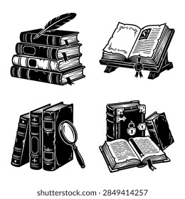This high-quality vector set features a collection of vintage books, ranging from leather-bound encyclopedias to weathered hardcover novels. Perfect for library-themed designs, academic projects, or historical layouts, these detailed illustrations capture the essence of antique literature with aged textures and classic spine designs.