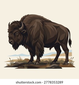 This high-quality vector-style illustration captures the powerful presence of an American bison standing on a prairie. The artwork features a unique layered, geometric aesthetic with earth-toned colors, making it ideal for national park branding, wilderness themes, and outdoor adventure designs. It is perfect for logos, apparel, posters, and digital media focusing on North American wildlife conservation.