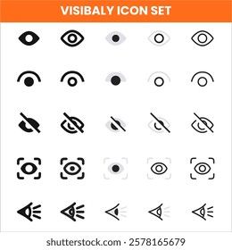 This high-quality visible icon set includes a collection of modern and professional icons representing eye, view, visibility, hidden, show, and privacy settings. Designed for seamless integration