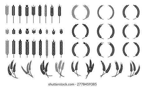 This high-resolution EPS file showcases a collection of elegant, black and white vector illustrations featuring wheat sheaves and laurel wreaths. The designs are meticulously crafted with clean lines and detailed textures, perfect for various applications such as logos, awards, certificates, and decorative elements. The composition includes both individual wheat sheaves and complete wreaths, offering versatility for different design needs. The monochromatic color scheme provides a timeless and classic aesthetic, suitable for both modern and traditional projects.