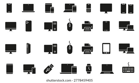 This high-resolution EPS vector image features a collection of sleek, black silhouette icons representing a variety of electronic devices and gadgets. The composition includes smartphones, tablets, laptops, desktop computers, monitors, cameras, and other tech accessories. The minimalist and clean design makes it versatile for use in tech-related projects, presentations, app interfaces, and marketing materials. The monochromatic color scheme ensures broad compatibility and adaptability for different design needs.