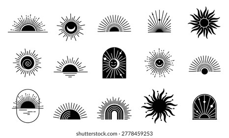 This high-resolution vector image displays a collection of stylized sunburst designs in black silhouette form. Each sunburst varies in complexity, from minimalist rays to intricate, dense patterns, radiating from a central point. The designs are clean and modern, suitable for use in graphic design projects, logos, backgrounds, or artistic compositions. The variations in ray density and structure offer versatile options for different creative applications, emphasizing energy, light, and movement.