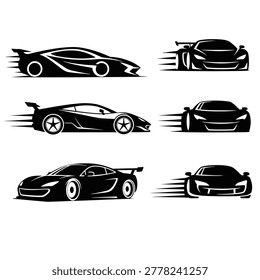 This high-resolution vector image showcases two minimalist, stylized sports cars in motion. The top car features a dark, rounded rectangle silhouette with a sleek, aerodynamic design and motion blur lines indicating speed. The bottom car is depicted in a more detailed, grayscale style with a prominent rear wing and racing elements. Both designs emphasize speed, modernity, and dynamic energy. The clean, minimalist aesthetic makes this ideal for branding, sports, automotive, and technology-related projects. The EPS format ensures scalability for various uses, including logos, posters, and digital media.