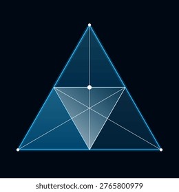 This high-tech abstract illustration features a glowing blue geometric prism with interconnected lines and white node points. Set against a dark navy background, the symmetrical design represents concepts of data visualization, network connectivity, and digital engineering. The minimalist aesthetic and sharp lines create a professional, modern feel for technological projects.
