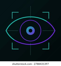 This high-tech digital illustration features a stylized cybernetic eye with a biometric scanning interface. The design incorporates neon blue and purple gradients against a dark background, representing advanced computer vision, artificial intelligence, and cybersecurity. It is ideal for concepts involving surveillance, ocular recognition technology, and modern digital user interface designs.