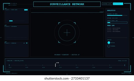 This high-tech digital interface displays real-time surveillance network data, security analytics, and multiple camera feeds on a futuristic dark mode dashboard.