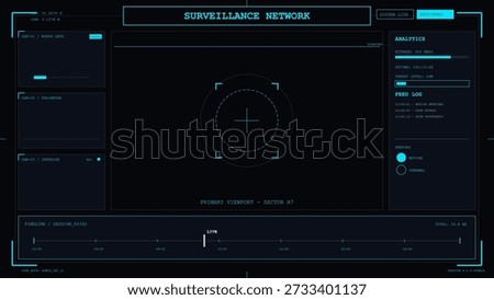 This high-tech digital interface displays real-time surveillance network data, security analytics, and multiple camera feeds on a futuristic dark mode dashboard.