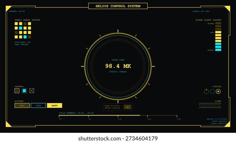 This high-tech futuristic dashboard displays critical system diagnostics, including solar core temperature, panel array status, and efficiency levels.