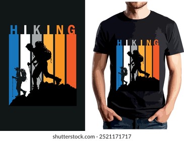 Este design de t-shirt de caminhada apresenta dois caminhantes silhuetted escalando uma montanha, definido contra barras coloridas verticais com "CAMINHADAS" escrito no topo. As cores vibrantes e tema ao ar livre torná-lo perfeito.