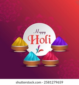 This Holi greeting card features Happy Holi on a white circular background colorful gulal cones a gradient purple red backdrop and a subtle floral pattern enhancing the festive vibe