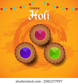 This Holi greeting card has Happy Holi in bold three colorful gulal containers an orange swirl a vibrant orange background and festive bunting symbolizing joy and festive spirit