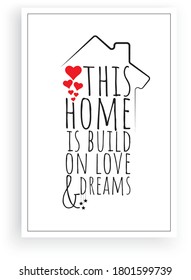 This home is build on love and dreams, vector. Wording design, lettering. Scandinavian minimalist poster design. Artwork, wall art decor, wall decals. Family, love quotes, greeting card design.