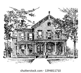 This is the home of President William McKinley in Canton Ohio. This is a very old house has lots of windows & a door vintage line drawing or engraving illustration.