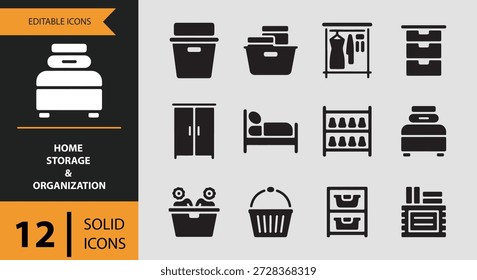 This Home Storage and Organization icon set includes essential icons such as storage bin storage basket and closet organizer ideal for lifestyle apps interior design platforms and digital tools focused on organized home living spaces