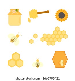 Esto es miel, abeja, abejas colmenas, flor, miel de tarro, cera. Conjunto de objetos vectoriales.