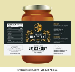 Este design de etiqueta de mel apresenta um frasco de mel orgânico premium com embalagem de produto de ouro elegante, luxo claro e layout profissional vantage.