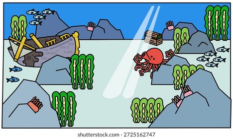 Dies ist eine horizontale Hintergrundgrafik, die die Unterwasserwelt mit einfallendem Licht und einem gesunkenen Schiff zeigt.