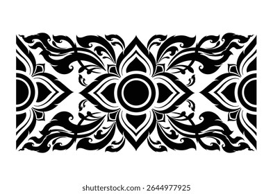 Este é um vetor gráfico horizontal, preto e branco apresentando um padrão repetitivo e simétrico inspirado na arte tradicional tailandesa