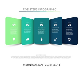 This horizontal five steps infographic template presents a clear visual layout. Each of the five steps includes icons and placeholder text for process or presentation graphics.