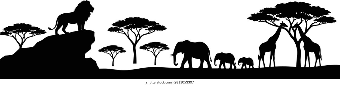 This horizontal vector silhouette captures a scenic African landscape with a lion on a rock, an elephant family, and giraffes under acacia trees. It is perfect for panoramic web banners, vinyl wall decals, and nature-inspired branding.
