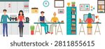 This horizontally oriented flat vector illustration depicts a vibrant, multi-sectional view of a modern corporate workplace, showcasing the everyday daily routines and activities of employees in an office environment. The image is divided into three functional zones that illustrate different facets of professional life, teamwork, and employee well-being. On the left side, the office kitchen or break room is featured, where a male employee stands near a coffee machine and a female employee stands nearby, highlighting office socialization and coffee breaks. The center section highlights a collaborative dining or casual meeting area, where a man and a woman sit together at a long wooden trestle table, enjoying their drinks and chatting, surrounded by office decor elements like a wall clock, a calendar, framed pictures, and potted plants. The right side captures the independent focus of deep work, showing a female employee viewed from behind sitting at her computer desk, actively typing on a monitor under a desk lamp, flanked by a tall turquoise bookshelf stacked with books, folders, and a trophy, alongside a pinboard with sticky notes. This diverse lifestyle graphic is highly suitable for human resources (HR) landing pages, corporate internal newsletters, modern co-working space promotional banners, or business workflow presentation templates
