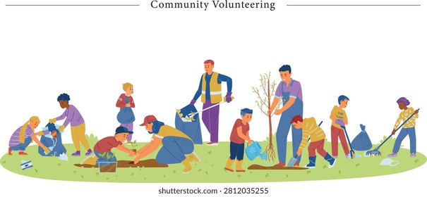This horizontally oriented flat vector illustration depicts a lively neighborhood clean-up and eco-friendly event, themed around 