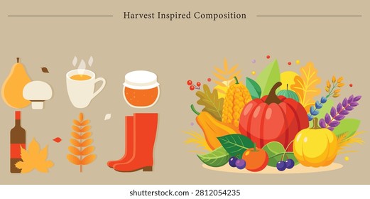 This horizontally oriented flat vector graphic presents a warm, cozy autumn collection under the header 