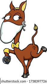 This horse isn't going to get the flu. A horse with bow tie and face mask bounces around. 

