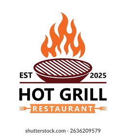 This Hot Grill Restaurant logo features a bold grill illustration with rising flames, highlighting a barbecue-inspired theme. The design includes the text "EST 2025" on either side, signifying the est