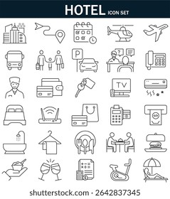 This hotel icon set includes 30 line icons like bed, food, Wi-Fi, gym, parking, check-in, and more. Perfect for apps, websites, and travel designs. Editable stroke. Vector illustration. EPS 10.


