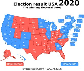 This is how USA voted in the 2020 presidential election showing the electoral votes for each state going to the republicans (light red) or to the democrats (light blue)