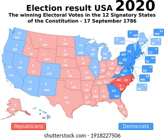 This is how USA voted in the 2020 presidential election showing the winning electoral vote in the 12 signatory states for the 
republicans (bright red) or to the democrats (bright blue)