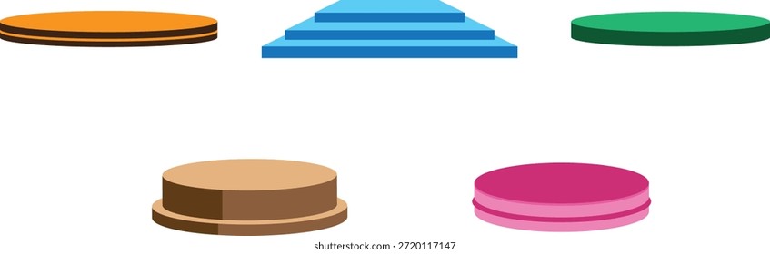 Esta ilustración de la sede central presenta un conjunto de cinco podios aislados sobre un fondo blanco limpio, diseñados para uso profesional y creativo en una amplia gama de industrias. Los podios se organizan como una colección moderna, ideal para mostrar productos, premios, logros, clasificaciones, ganadores o conceptos de presentación. Cada podio tiene un diseño limpio, mínimo y geométrico que funciona perfectamente para la exhibición de productos, maquetas publicitarias, marcas, imágenes de marketing, Anuncios de comercio electrónico, publicaciones en redes sociales y encabezados de Sitios web.

El fondo blanco proporciona una excelente flexibilidad, lo que hace que este conjunto de podio sea fácil de integrar en cualquier proyecto de diseño. Es adecuado para presentaciones corporativas, informes de negocios, promociones de startups, campañas de marketing digital, exposiciones, ferias comerciales y ceremonias de premios. El diseño de cinco podios simboliza las cinco primeras posiciones, los niveles de éxito, los resultados de la competencia, el liderazgo, el crecimiento, el progreso y la comparación del rendimiento.

Esta versátil ilustración de podio es ideal para diseñadores, comercializadores, empresarios y creadores de contenido que buscan un activo visual limpio y profesional. Funciona bien para conceptos de renderizado 3D, composición abstracta, temas de diseño mínimos, marca moderna y elementos infográficos.. El estilo simple pero elegante garantiza la compatibilidad con los medios impresos y digitales, incluidos carteles, volantes, folletos, presentaciones, App móviles y Diseños web.

Perfecta para conceptos de éxito empresarial, celebraciones de logros, sistemas de clasificación, lanzamientos de productos y exhibiciones promocionales, esta ilustración de podio de cinco sets ofrece claridad, equilibrio e impacto visual. Un valioso recurso para el Uso comercial, proyectos de diseño creativo y narración visual moderna.