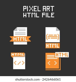 this is html file icon in pixel art with simple color and black background ,this item good for presentations,stickers, icons, t shirt design,game asset,logo and project.