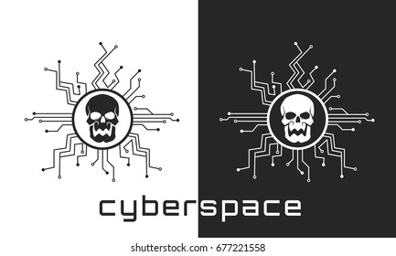 This human skull is made in a flat and cyber-style with elements of electrical engineering. The concept of technology, the 21st century, microprocessors and chips. Vector illustration