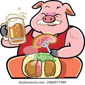 Esta es una ilustración humorística de un cerdo comiendo chuleta de cerdo.