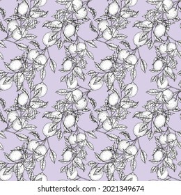 This ia a vector seamless pattern. Image of lemon branches, leaves and fruits.
