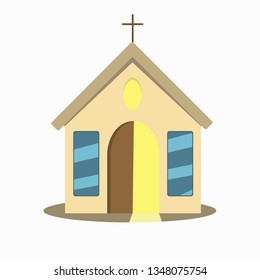 This is icon or badge with church with open door. Vector. Flat design.