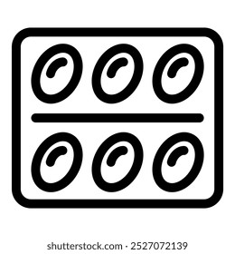 This icon of a blister pack containing six capsules represents concepts like medication, healthcare, and pharmaceuticals