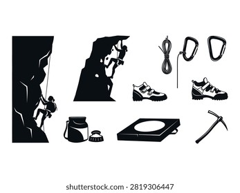 This icon bundle features a collection of essential rock climbing and mountaineering gear, presented in a bold, high-contrast silhouette style. The set includes illustrations of a climber on a rock face, a mountaineer, carabiners, climbing shoes, a water bottle, a camping stove, and an ice axe, all unified by their distinctive silhouette aesthetic.