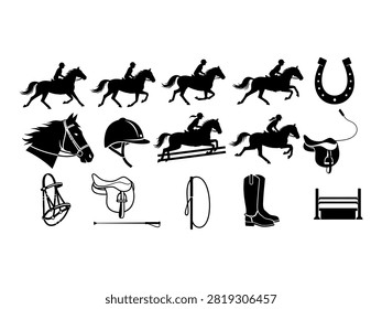 This icon bundle features a comprehensive collection of equestrian-themed graphics, presented in a clean, minimalist silhouette style. The set includes various depictions of horses with riders, a horse head, a horseshoe, a riding helmet, a saddle, stirrups, riding boots, and show jumping obstacles, all rendered as high-contrast black silhouettes against a white background.