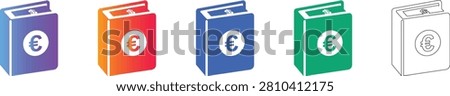 This icon collection illustrates a guidebook marked with the Euro symbol, representing financial planning, banking services, or economic research. These icons are available in both gradient and outline formats, suitable for financial websites and mobile applications.