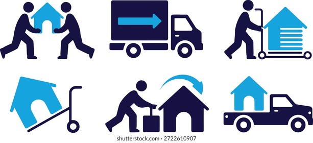 Esta coleção de ícones ilustra o processo de movimentação e realocação, apresentando movimentadores, caminhões em movimento e a própria casa como objeto.