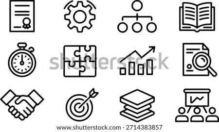 This icon collection offers visuals for crucial business aspects like verification, process optimization, teamwork, and progress reporting.