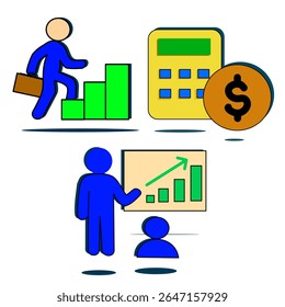 This icon combines a calculator, stacks of money, and a rising bar chart, symbolizing financial growth, accounting, budget management, and investment success. Ideal for finance, banking, and business 