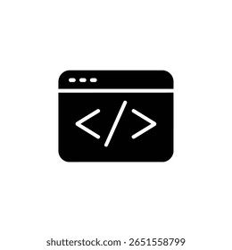 Este ícone representa uma janela de codificação preta com cantos arredondados, exibindo colchetes angulares, ideal para ilustrar conceitos de desenvolvimento de software em apresentações ou designs.
